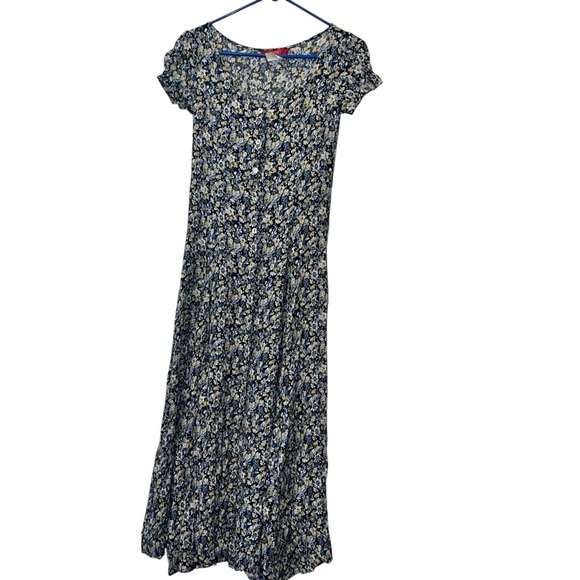 Vintage 90’sEsprit Navy Floral rayon button down Dress Sz small long modest - Picture 1 of 4